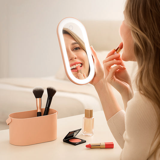 Espejo de Maquillaje LED Ameliora – Bloom Rosé, para Viajes con Luz Natural y Estuche Protector
